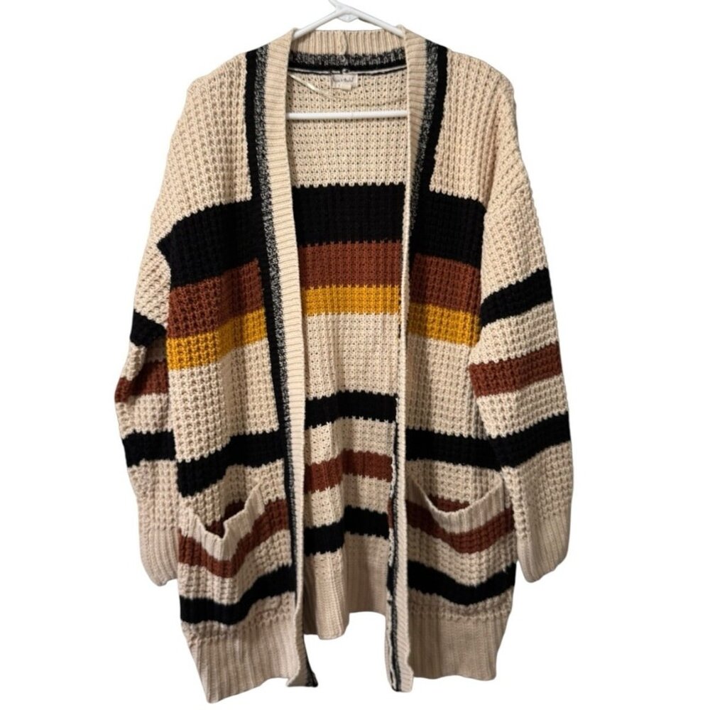 Hem & Thread Anthropologie Stripe Cardigan Women Sz Large Chunky Knit Open Front
